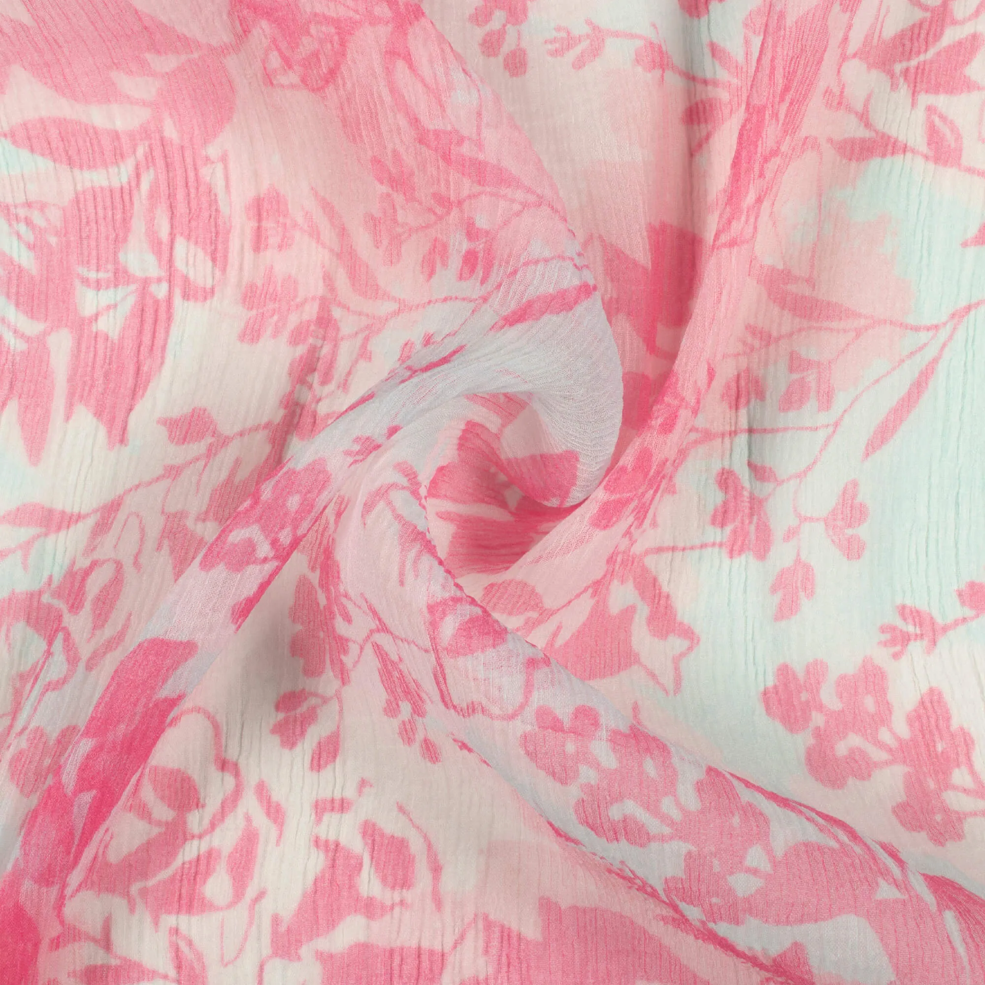 Persian Pink Pale Blue Floral Pattern Print Bemberg Chiffon Fabric.